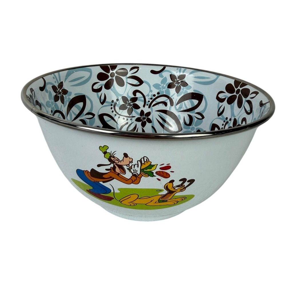 Disney Store Goofy and Pluto Melamine Bowl White Floral Interior 6 Inch